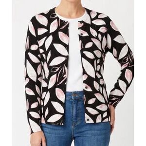 Karen Scott pink leaf print button front crewneck cardigan sweater